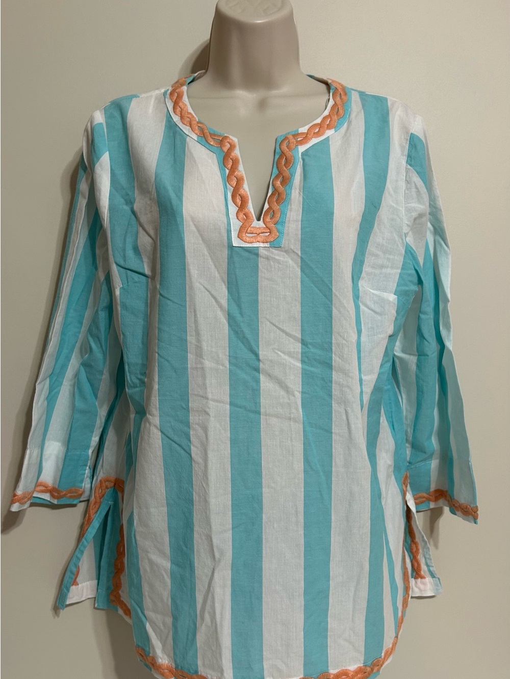 crown & ivy Aqua and White Striped Tunic with Coral Trim